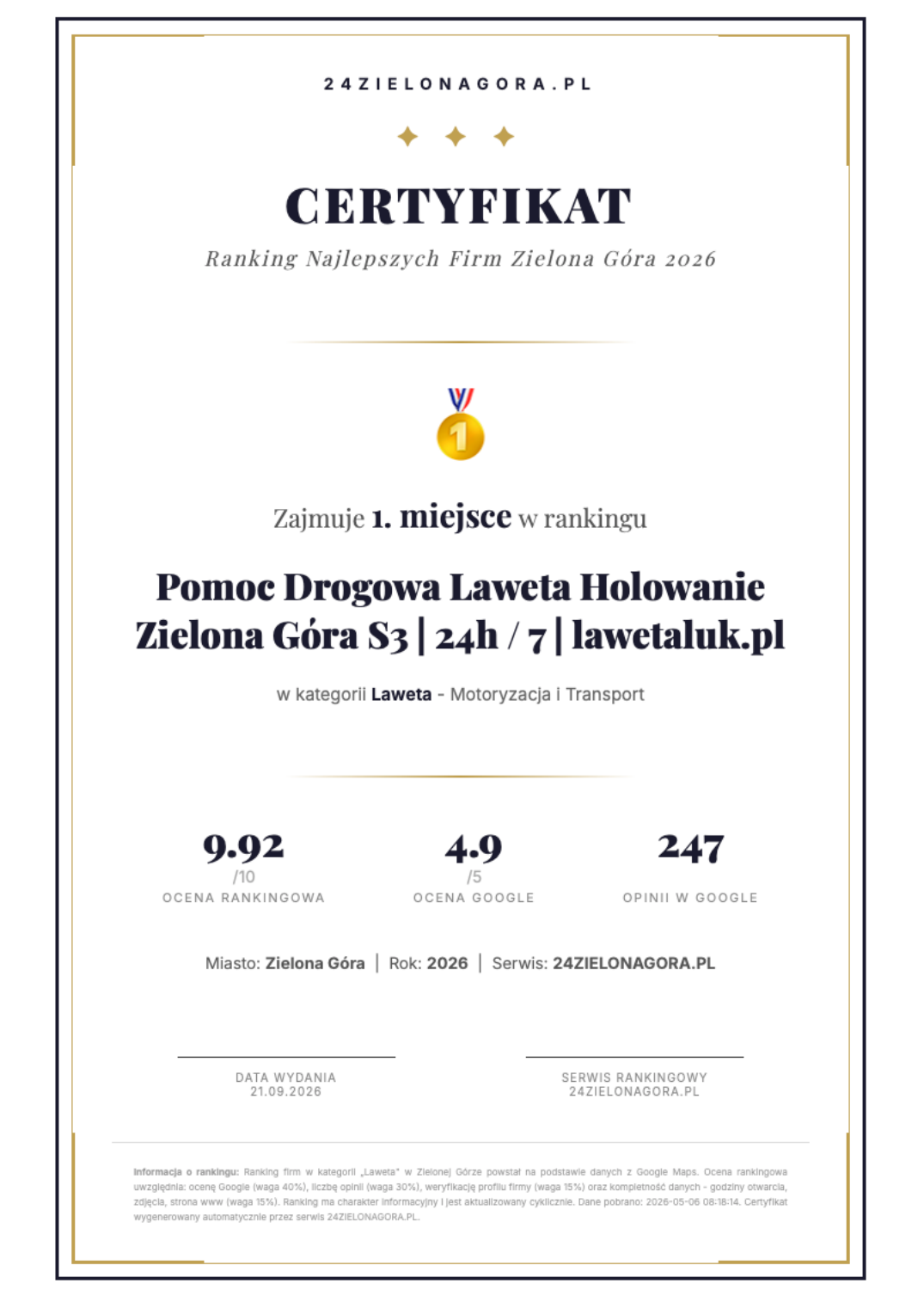 Certyfikat Lawetaluk - 1. miejsce w Rankingu Najlepszych Firm Zielona Góra 2026